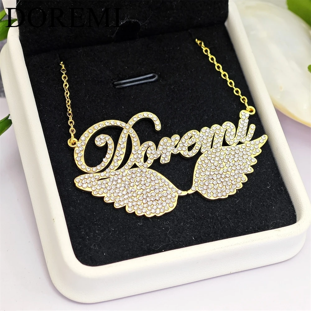 

DOREMI Stainless Steel Cursive Crystal Zircon Name Necklace Girls Jewelry Custom Name Necklace Personalized Angel Wings Necklace