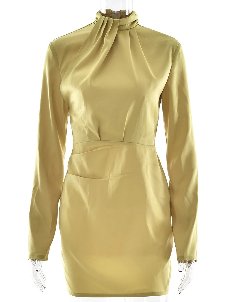 XIAOTANG ชุดเดรสสั้นแขนยาวผ้าซาตินเซ็กซี่สำหรับผู้หญิง ชุดราตรีแฟชั่น คอเต่า ทรงเข้ารูป เอวสูง สำหรับงานปาร์ตี้คลับ