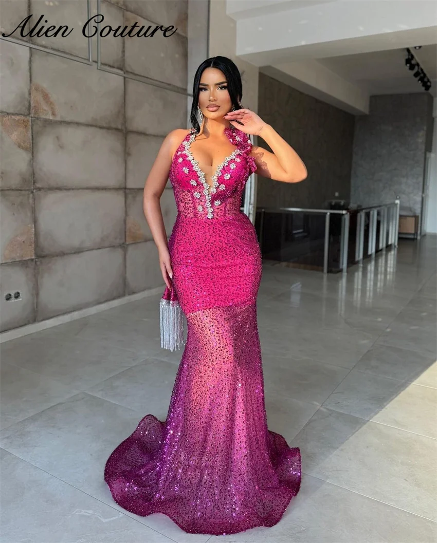 Luxo Fúcsia Sereia Vestido de Noite 2024 Beading Cristal Sequins Birthday Party Vestidos Fancy Clothes Mulheres Halter Customized