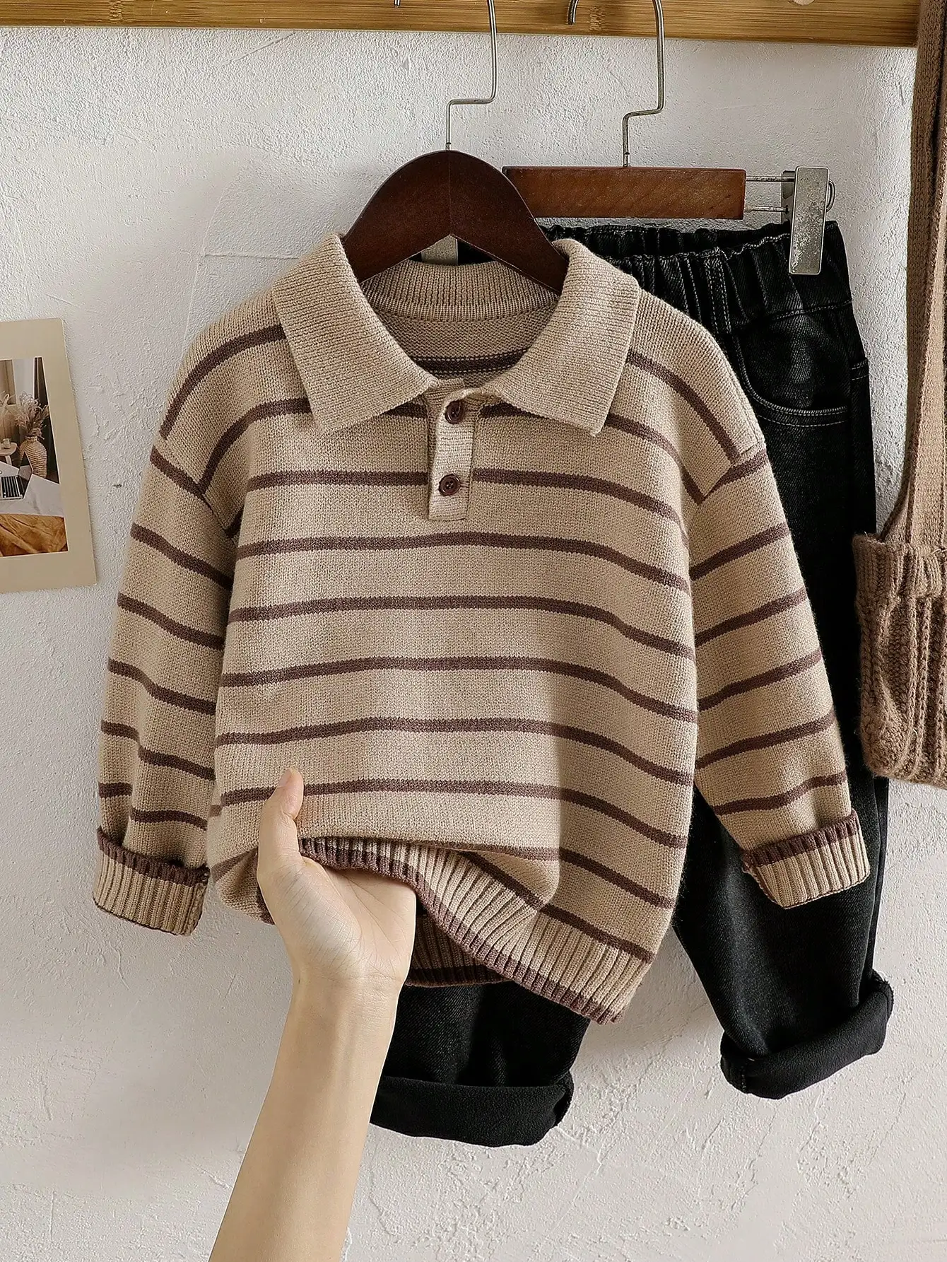 SHEIN Playful Pals Young Boys Sweater With Turn-Down Collar Long Sleeve Striped Color Block Sweater Suitable For Spring Autumn Winter Autumn/Winter Seasons Pullover