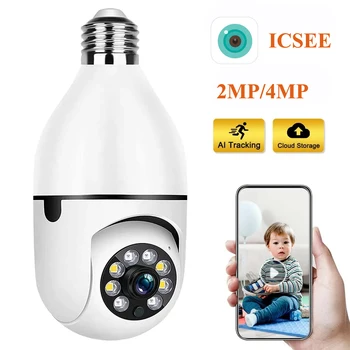 Icsee e27 wifi lâmpada câmera 4mp wifi ptz colorido visão noturna áudio em dois sentidos monitor do bebê rastreamento automático câmera de segurança em casa cctv
