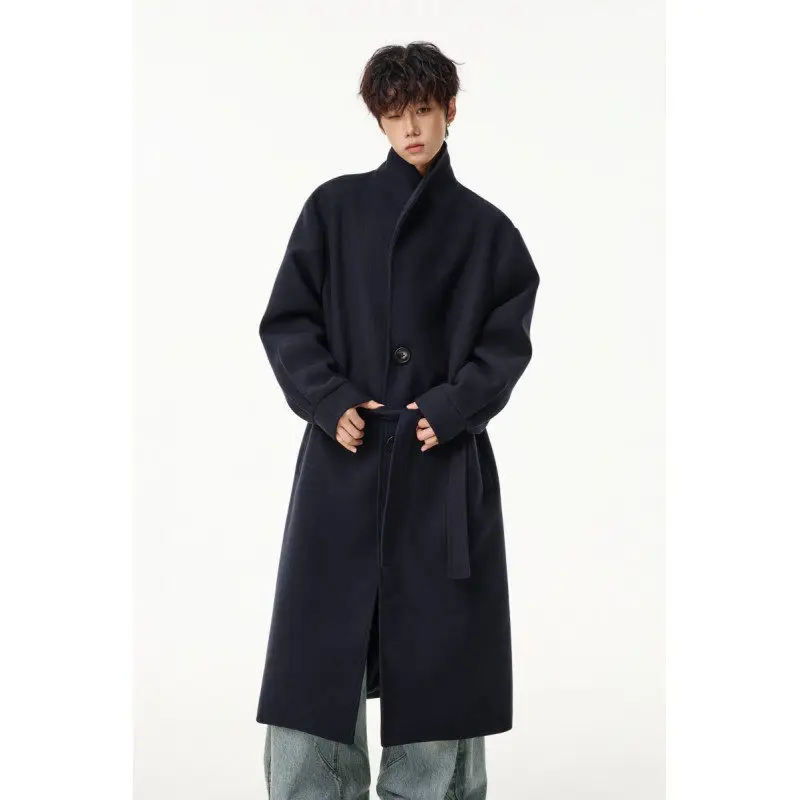 

Thiened Woolen Coat k Blue Italian Sle One-piece Collar Autumn Winter Mid-length Waist-cinching Windbreaker for Teens