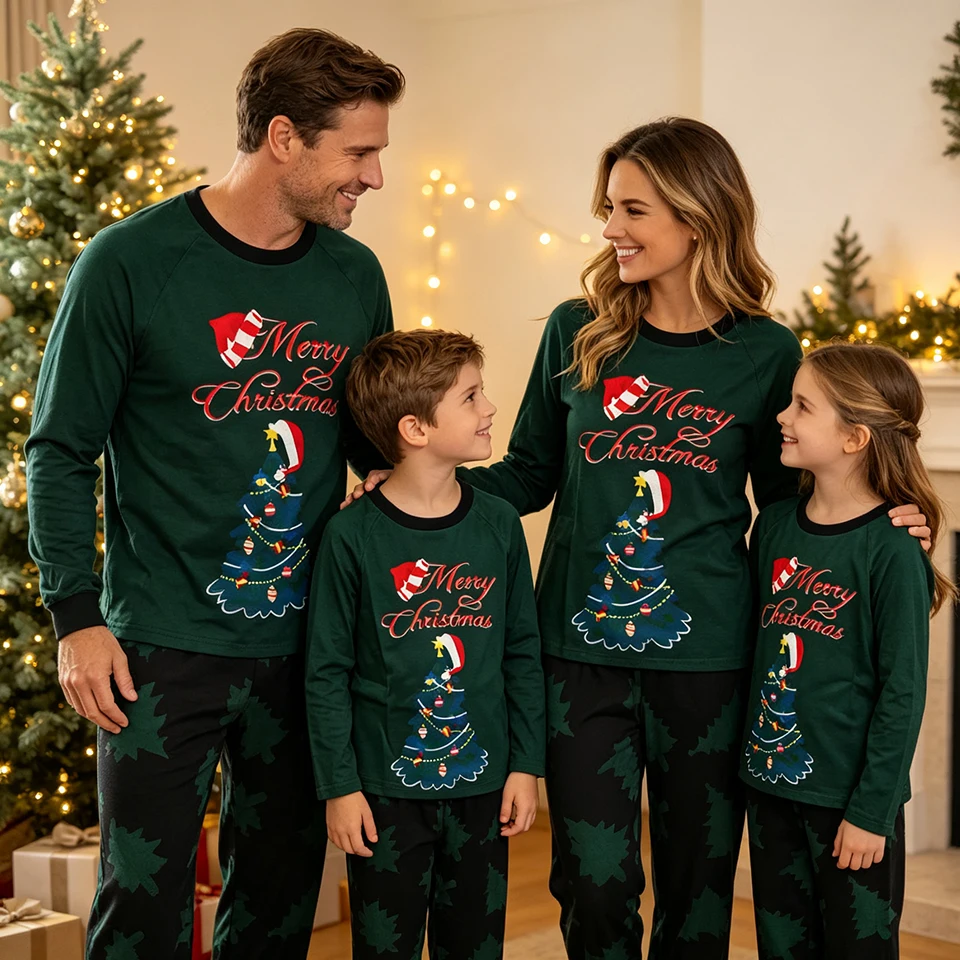 Merry Christmas Tree Print Top & Leaf Pattern Pants Family Matching Christmas Pajamas Set Xmas Pjs for Men Women Kids Loungewear