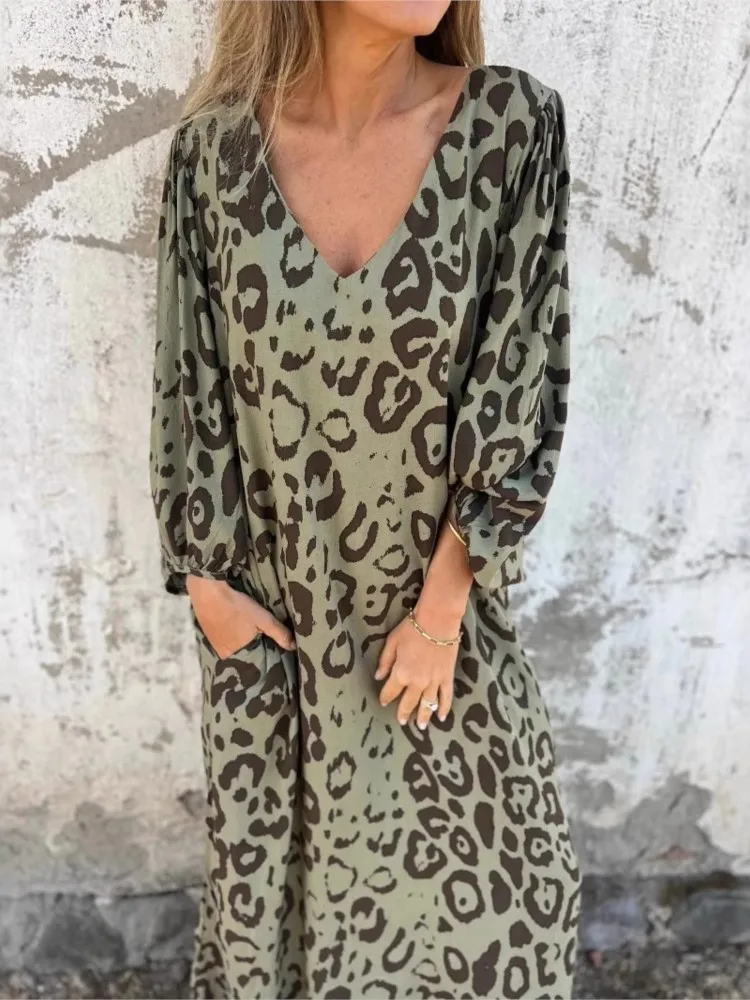 

Fashion Leopard Print Dress Casual V Neck Long Sleeve Loose Pullover Dresses Lady Spring Autumn Vintage Womens Clothing New 2025
