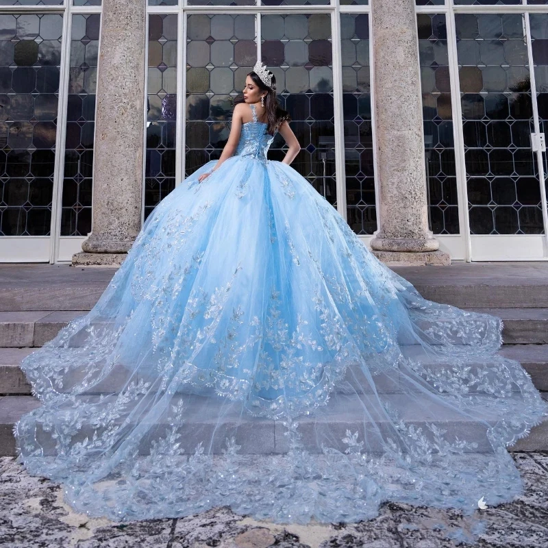 Vestido de baile de cristal, vestidos Quinceanera azul-celeste, renda aplique, fora do vestido de festa do ombro, 15, 16