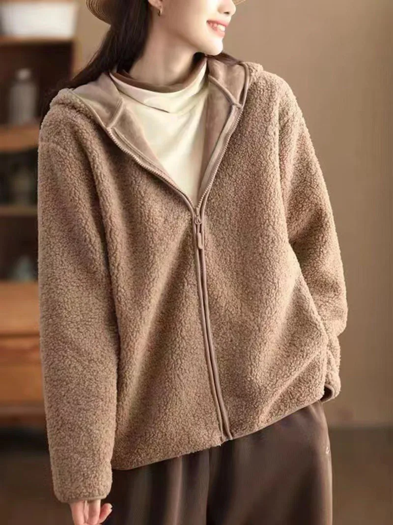 2024 Spring Autumn Fashion Lamb Thickened Hooded Coat Women's Grain Fleece Warm Cardigan Zipper Style Versatile Loose Coat