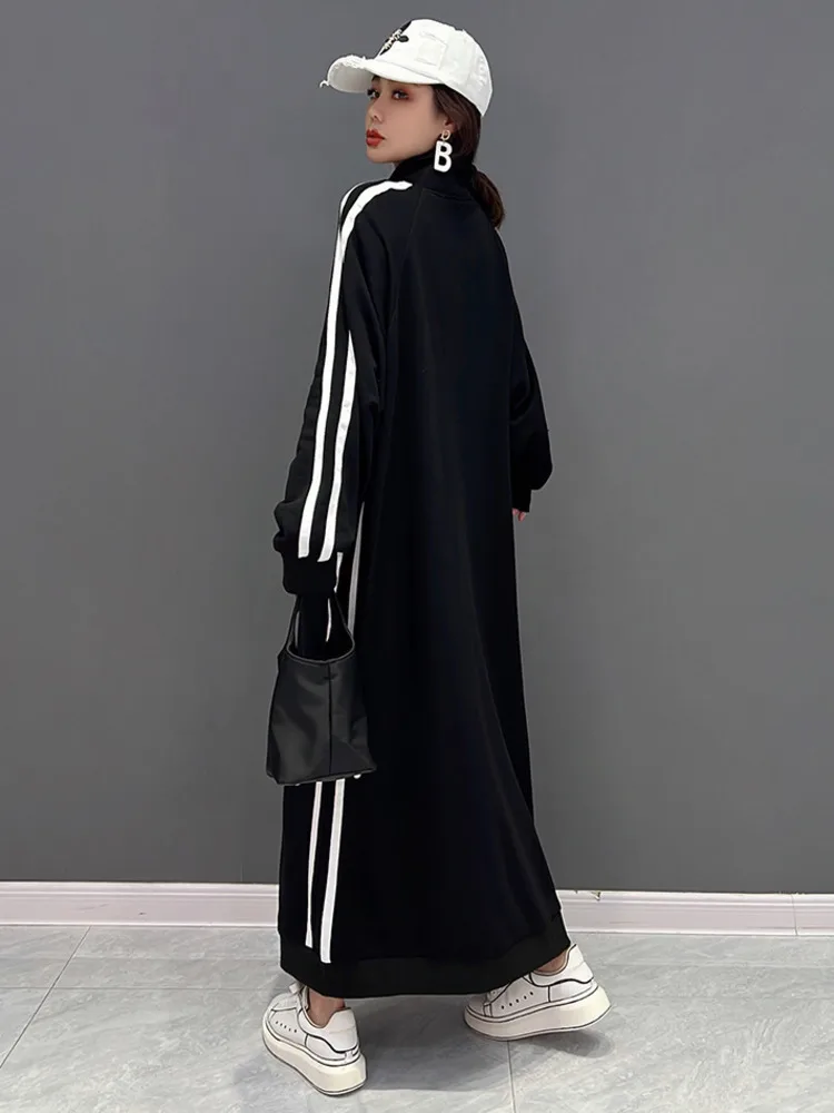 SHENGPALAE Woman Turtleneck Pullover Dress Loose Mid-length Stripe Leisure Age Reduction Dress Black 2024 Spring Autumn 5C1447