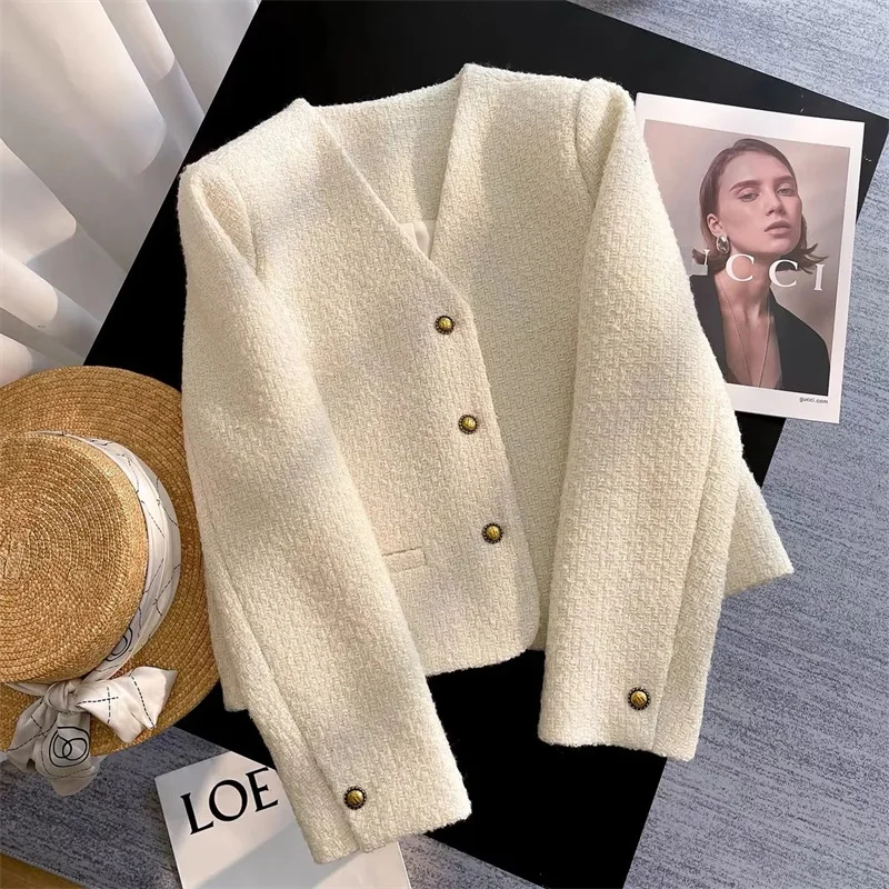 New Women's Jacket Fashion Single-breasted Milk Yellow Tweed Small Fragrance Coat Female High-grade Temperament Sweet Short Coat