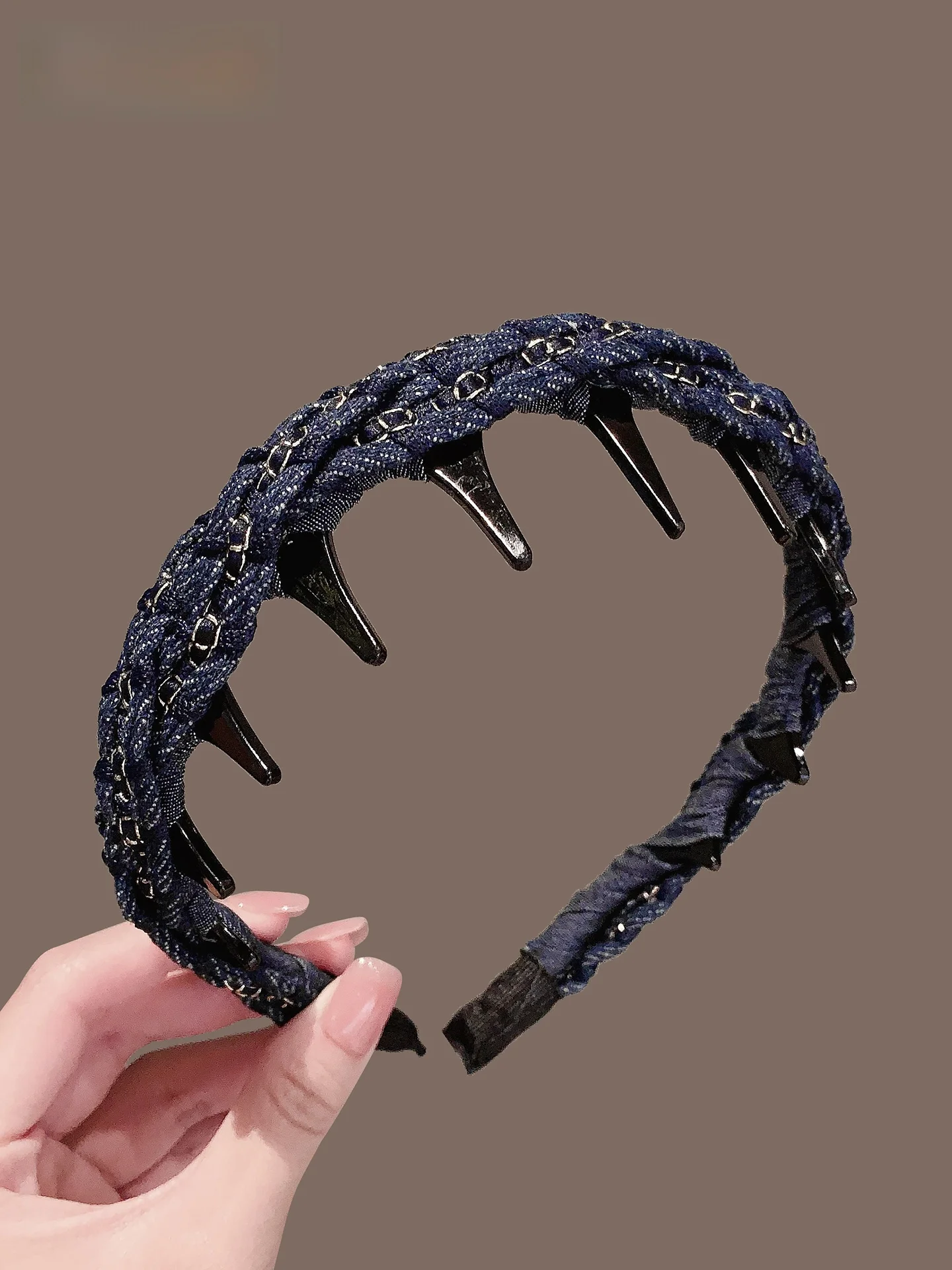 faixa-de-cabelo-antiderrapante-coreano-sle-denim-cruzado-design-trancado-para-cintura-rosto-rabo-de-cavalo-segurando-na-testa