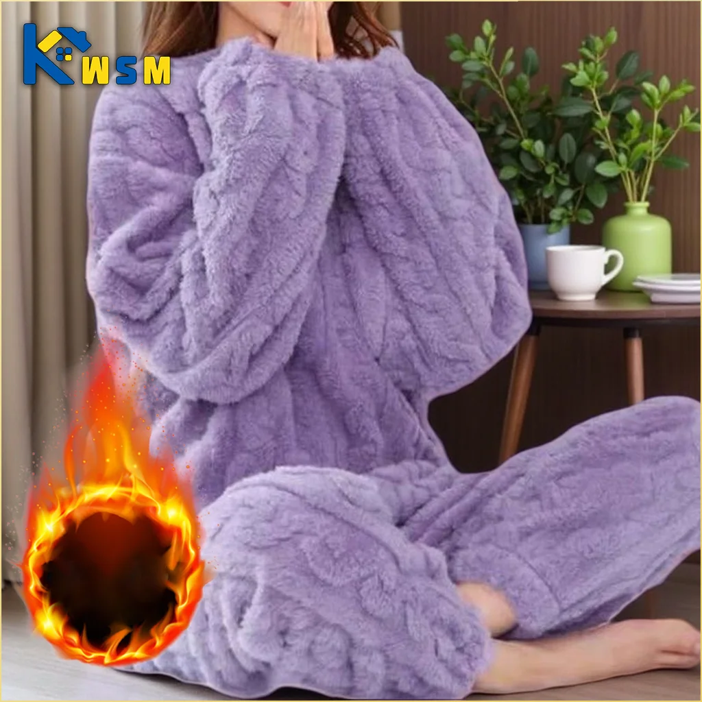 

Зимний комплект домашней одежды, коралловые бархатные пижамы, пушистые утолщенные пижамы с круглым вырезом из двух предметов, женская домашняя одежда, теплый костюм для отдыха