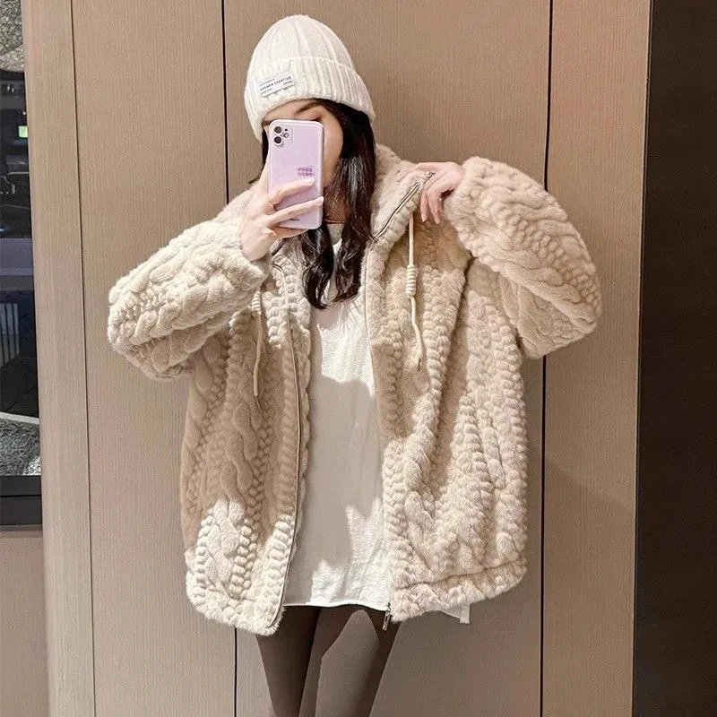Rabbit Hair imitation fur Coat For women Young 2026 Winter Korean version Loose Stand collar Thicken Coat Female Short Warm Tops