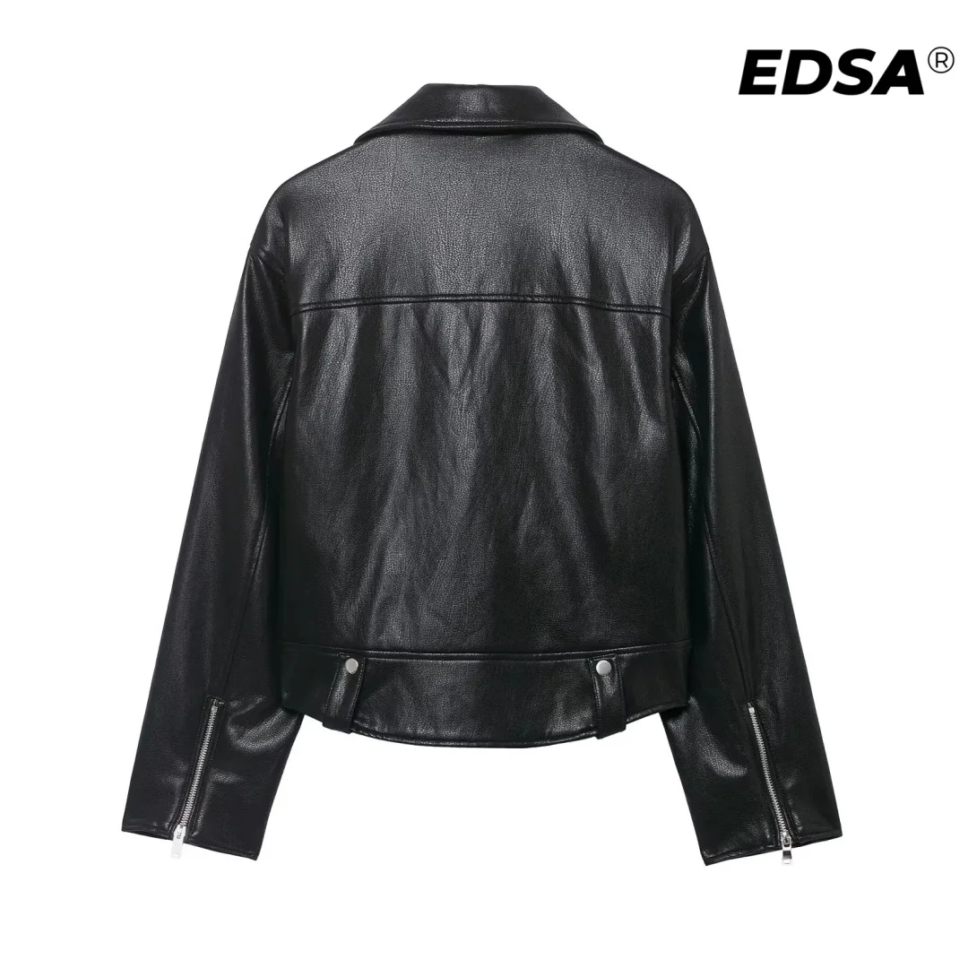 Veste en cuir PU pour femmes EDSA, noire, fermeture éclair sur le devant, col à revers, manches longues, vêtement d'extérieur décontracté pour femmes