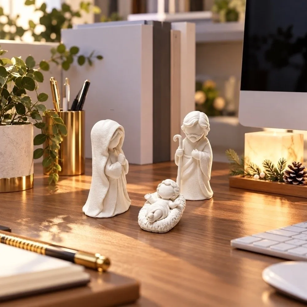 3 pcs Xmas Scene Decor Jesus Christ Family Figurine Christian Holiday Gift Christmas Nativity Statue Cartoon Cute 3D Printed