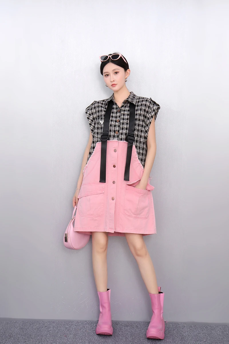 

2025 Summer Fashion Elegant Plaid Patchwork Loose Long Dresses Women Sleeveless Dress Ladies Wholesale J1125