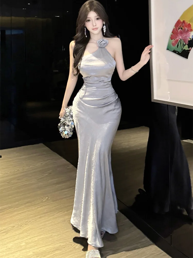 ฤดูร้อนAcetateซาตินChicดอกไม้คอชุดผู้หญิงBacklessเซ็กซี่ชุด 2025 เกาหลีVINTAGEหรูหราVestidos