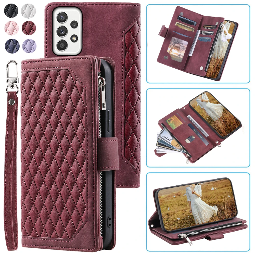 

Fashion Zipper Wallet Case For Samsung Galaxy A53 Flip Cover Multi Card Slots Cover Phone Case Card Slot Folio with Wrist Strap