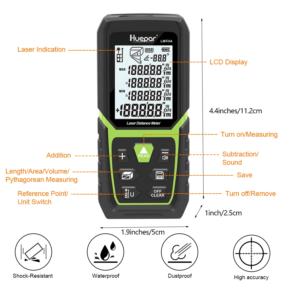

Laser Distance Meter HUEPAR LM100A With Rechargeable Lion Battery