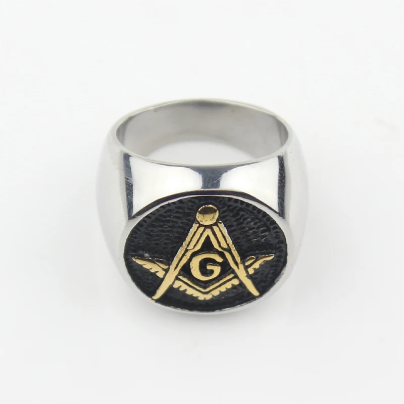 Mens Black Gold Color Embossed Stamped Freemason Masonic Stainless Steel Biker Ring