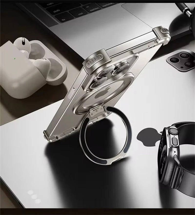 Aluminum Alloy Magnetic Frame Phone Case For iPhone 15 14 13 12 Pro Max Plus Metal Ring Holder Hard Corner Protect Funda Cover