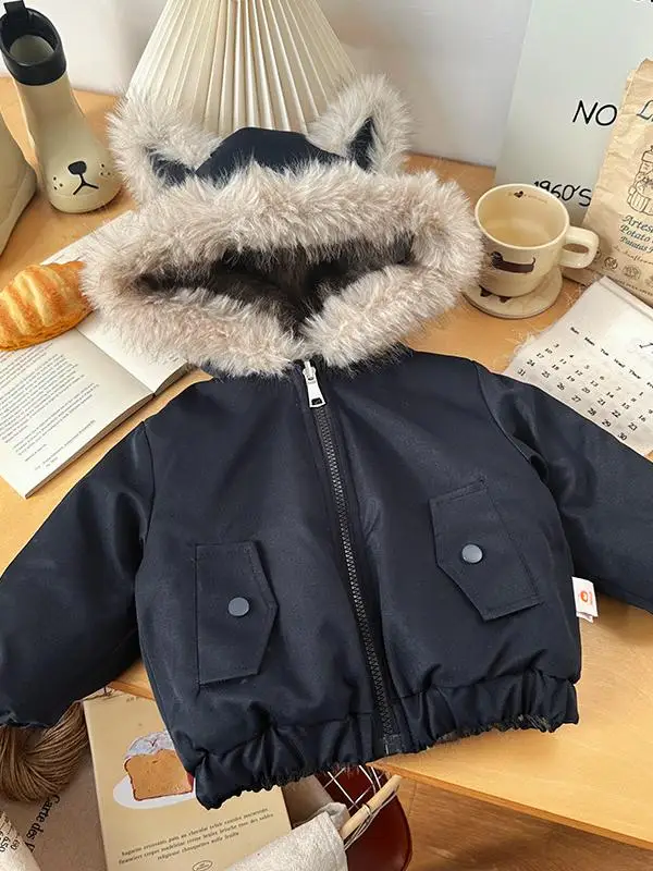 

Детское хлопковое пальто на подкладке Fce, новинка зимы 2025, топ с капюшоном, модное хлопковое стеганое пальто с пушистыми мультяшными животными