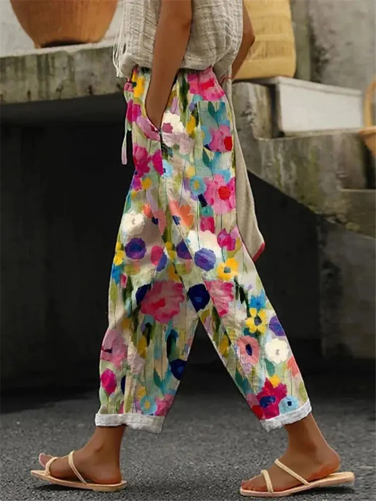 

Summer Women Floral Pants Colorful Elastic Waist Straight Trousers Summer Cool Beach Slacks Garden Style Bottoms