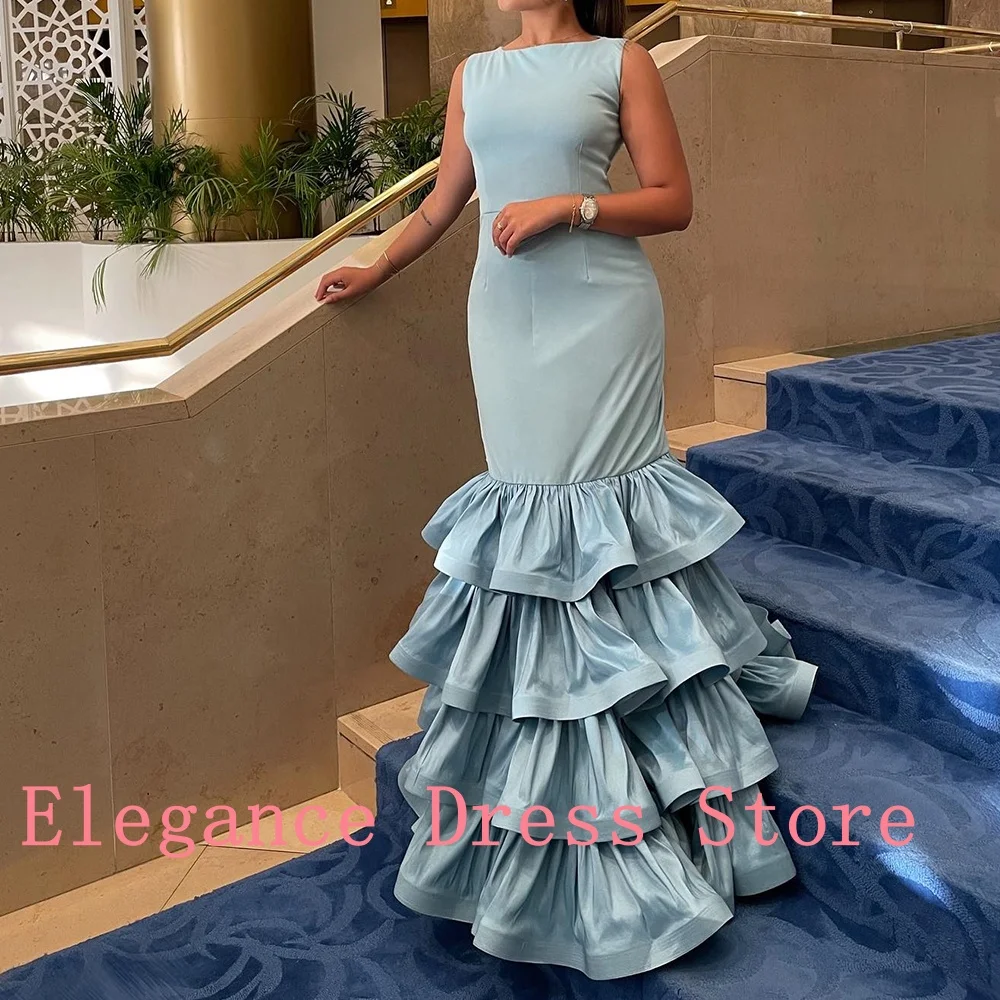 Customized Graceful Tiered Ruffles Crew Neck Mermaid Evening Dress Modern Sleeveless Photo Color Pleats Vestido De Noche