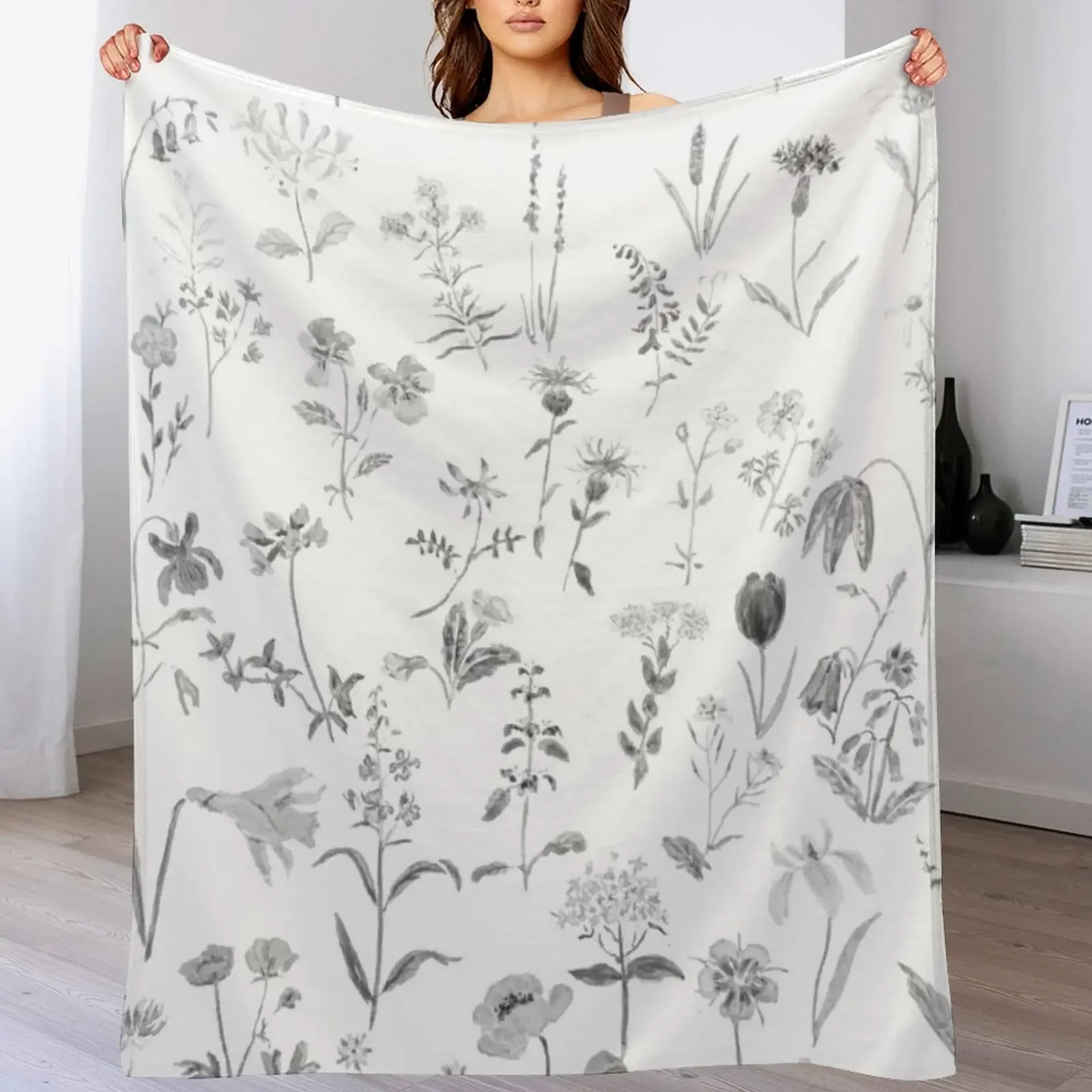 

countryside wildflowers black and white Throw Blanket Soft Comfort Blanket for Reading Watching TV