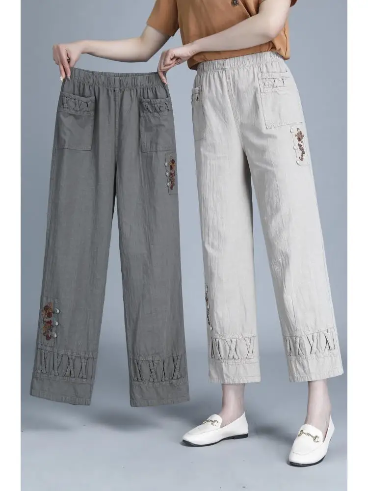 

Summer High-waisted casual embroidery Pants Women washed cotton Thin Loose Waist Large Yards Nine Straight Straight Pants