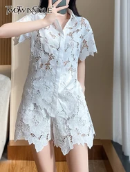 TWOTWINSTYLE Patchwork Embroidery Two Piece Sets For Women Lapel Short Sleeve Shirt High Waist Loose Shorts Casual Set Female