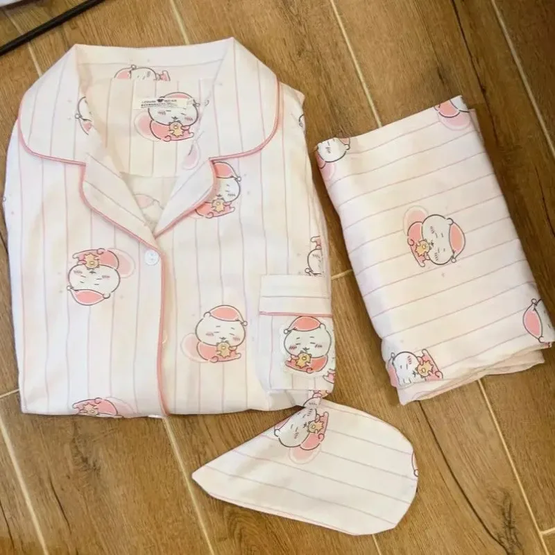 

Usachi chiikawa little eight pajamas spring and autumn pure cotton girls long sleeved striped cute chiikawa home clothes winter