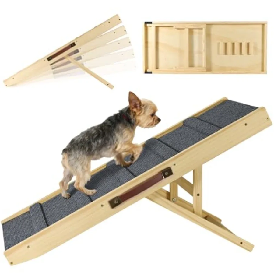 

Foldable Wooden Dog Ramp for Low Bed 13.8 Wide with 5 Adjustable Heights 12'' to 20'' Non-Slip Pad for Small Dogs Upgraded Pet