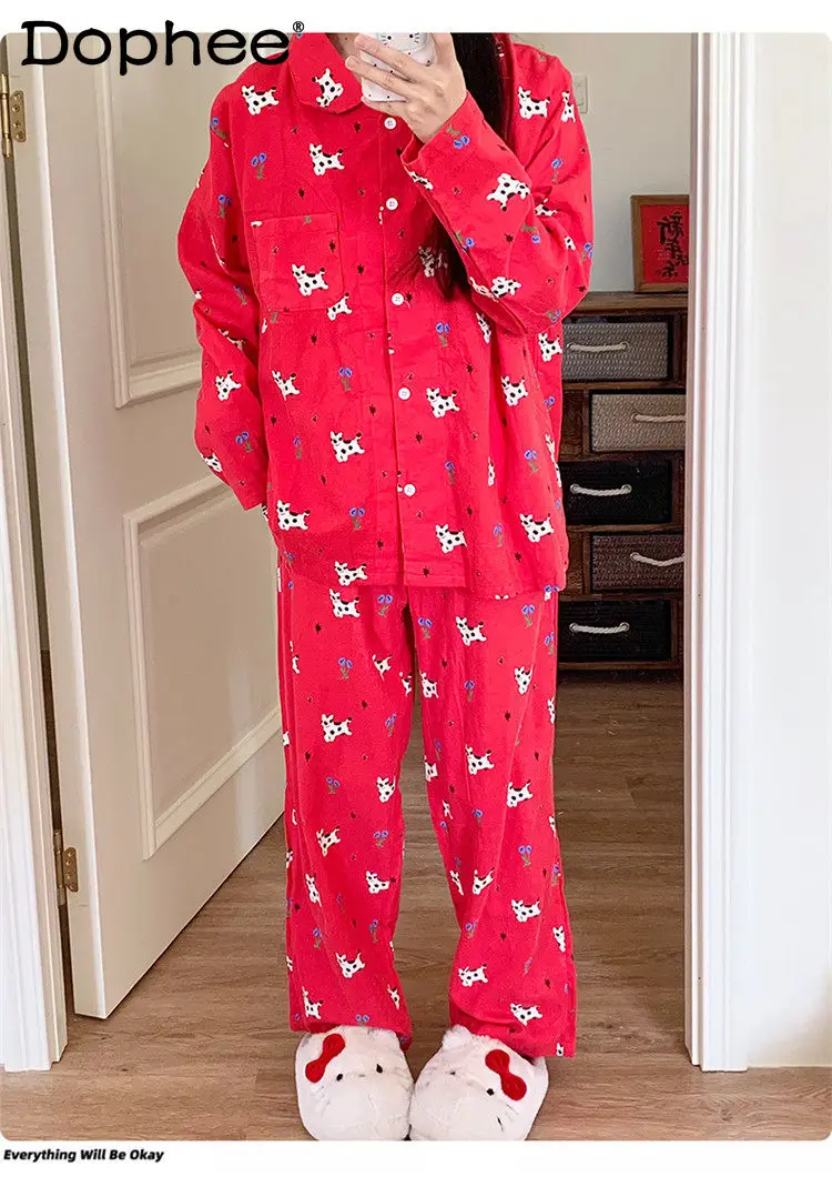 

2025 Spring and Autumn New Style Pure Cotton Cartoon Print Long Sleeve Pajamas Loose Casual Homewear Set for Women