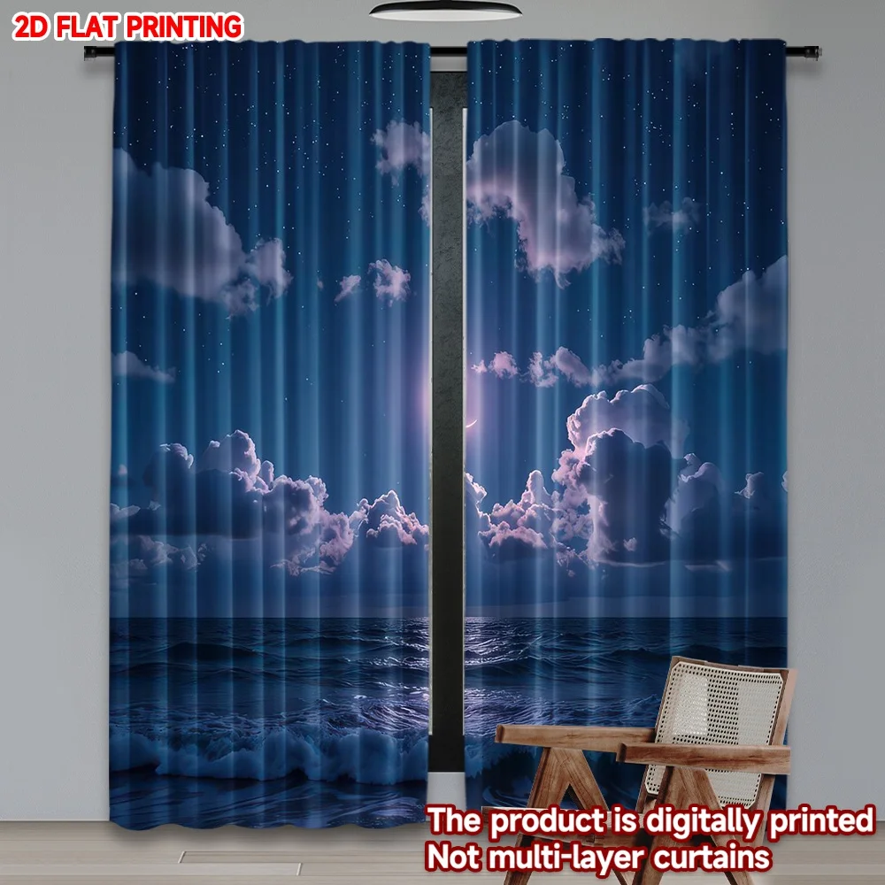 

2D flat printing 2pcs Curtains Moonlit Ocean Night Digital Printed Polyester Drapes All Season Party & Holiday Decor Perfect for