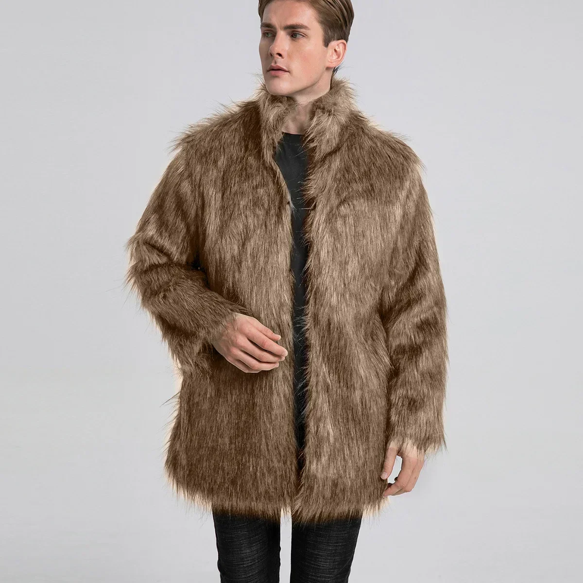 

Men Faux Fox Fur Jacket Coat Winter Thick Fluffy Long Sleeve Stand Collar Warm Shaggy Outerwear Luxury Fur Bontjas Jackets Mens