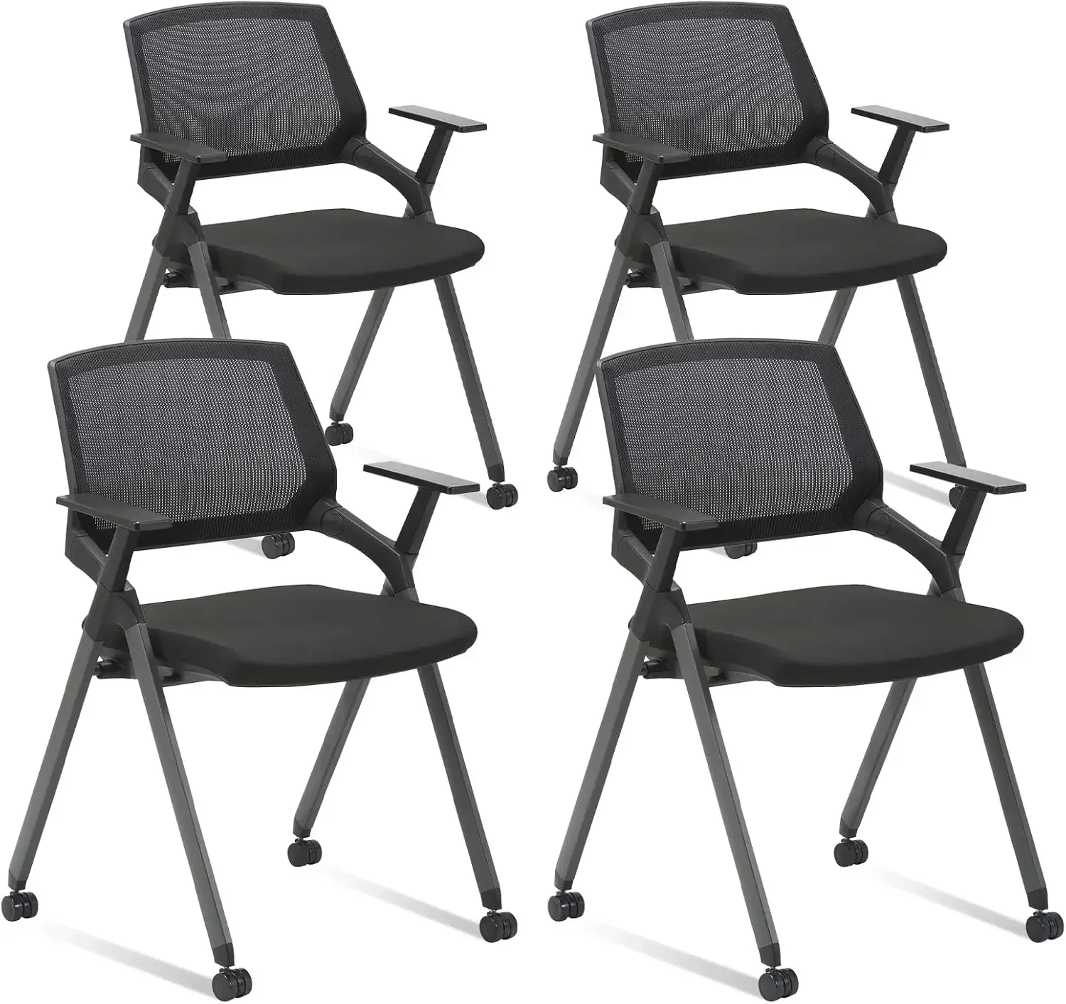 Mesh Guest Reception Stack Chairs with Caster Wheels and Arms for Office School Church Conference Waiting Room Black (4 Pack)