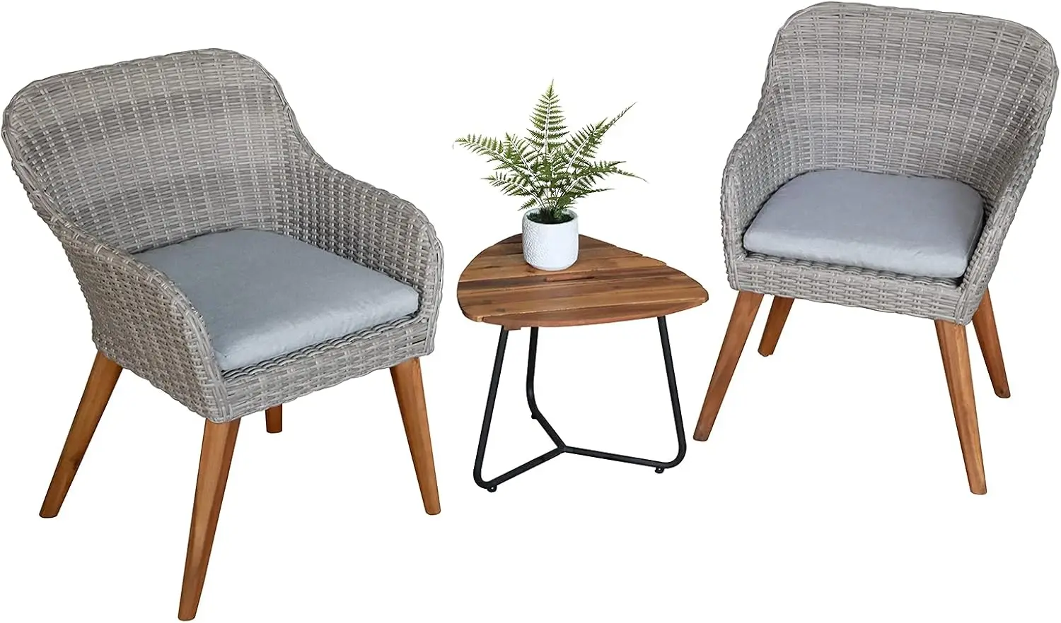 Outdoor 3-Piece Bistro Set with Seat Cushion, Two Chairs and Wood Top Side Table, Gray Wicker with Wood Leg