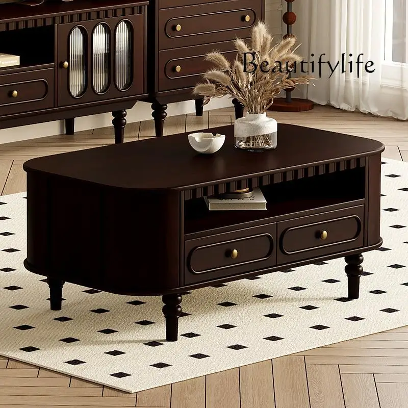 

Retro pure solid wood coffee table TV cabinet combination small apartment household floor storage coffee table