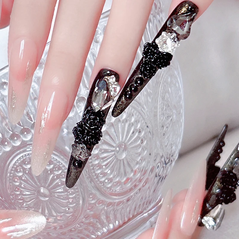 14-delig (4 lang + 10 kort als cadeau) Handgemaakte gotische bloemen Littini-nagelset Glanzend Edgy voor gelegenheden (beter dan) Populaire kits