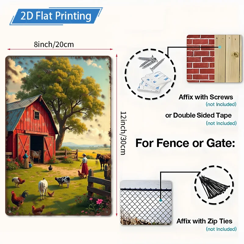 1 قطعة 8x12 بوصة علامة معدنية مشهد المزرعة الريفية علامة معدنية | الحظيرة الحمراء والحيوانات | ديكور ريفي عتيق #2