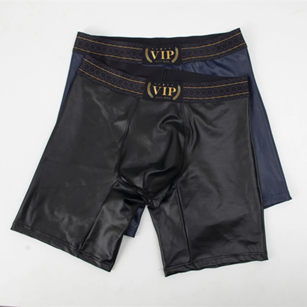 

Sexy Men Imitation Leather Boxers Shorts Tight Fitting Bulge Pouch Underwear Fitness Casual Lengthen Boxershorts