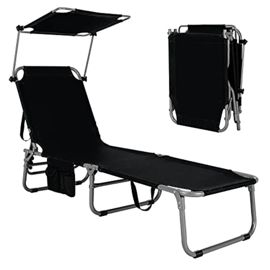 

Beach Chair with Canopy Shade Folding Tanning Lounge with Adjustable Backrest Carry Handle Side Pocket Sunbathing Chair for Out
