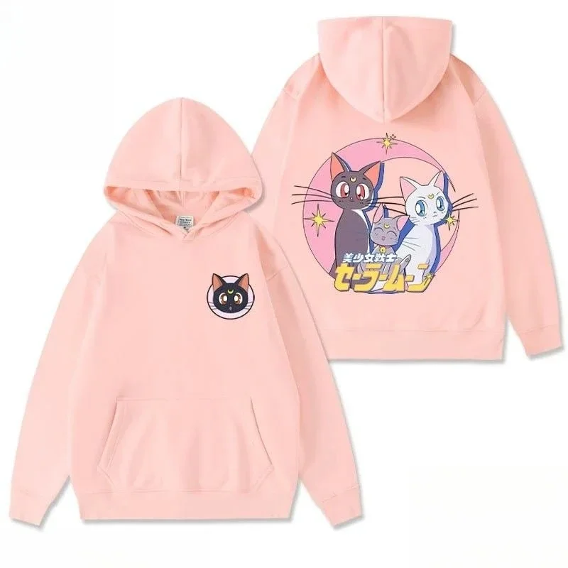 Modny sweter z kapturem Sailor Moon, nowe trendy, Luna Artimis, uroczy kot, wzór z kreskówki, luźny krój, męski i damski.