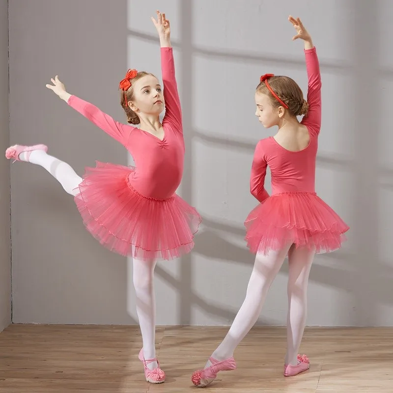 

Solid long sleeved kids ballet dress girls Ballet Tutu skirt Dance Costume training Clothing Ballerina performance dancewear