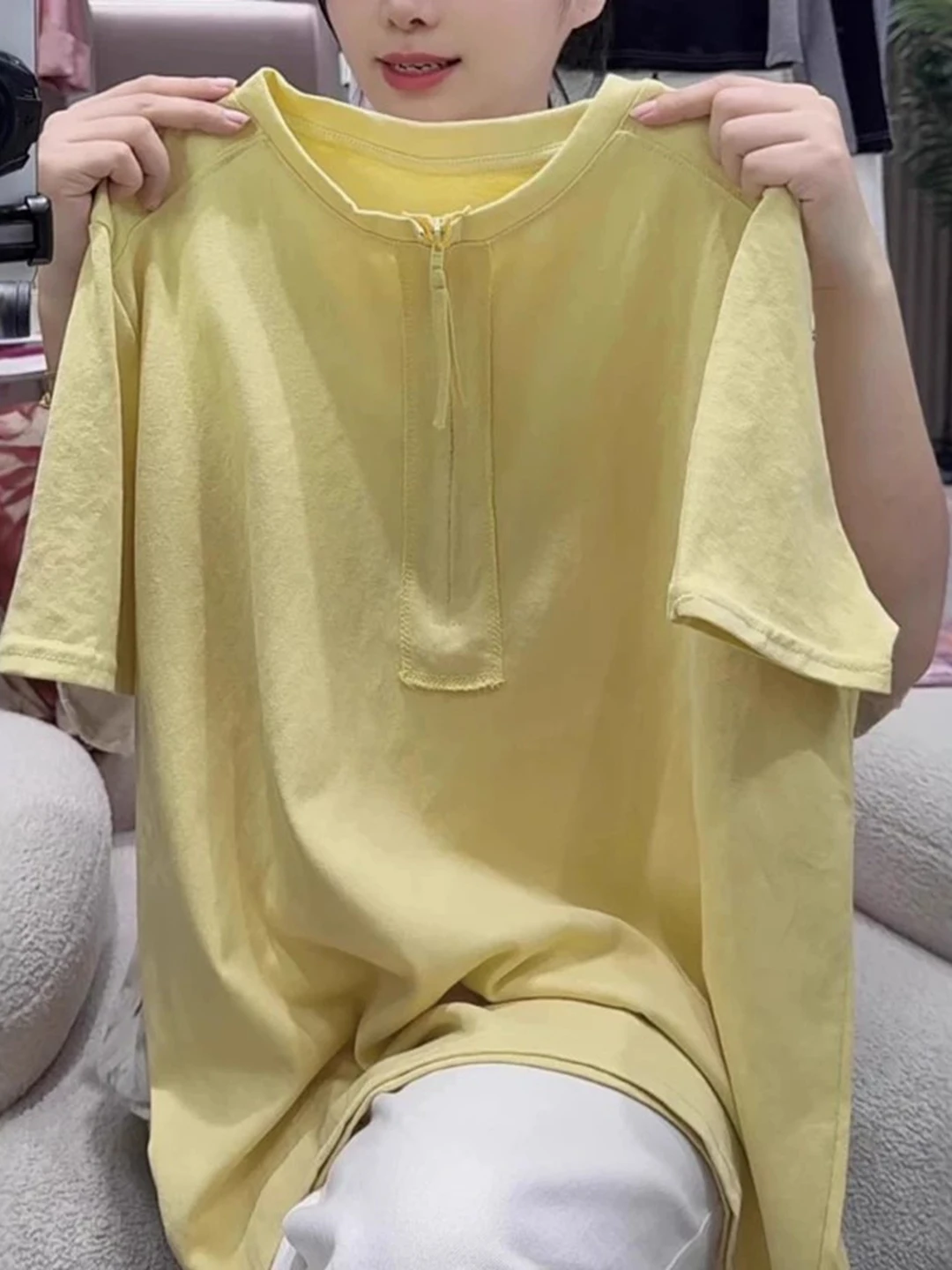 Yellow Loose Fit Cotton Short Sleeve T-Shirt Women's Summer plus Size Beautiful Unique Trendy Top Half Zipper round Neck