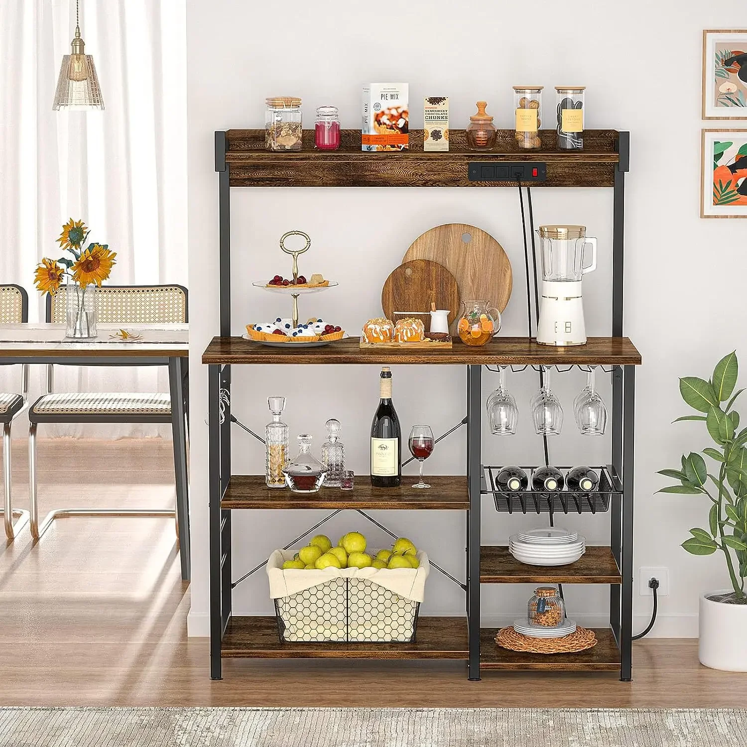 a*-Bread rack with power outlet, microwave rack, kitchen storage rack with steel wire basket.