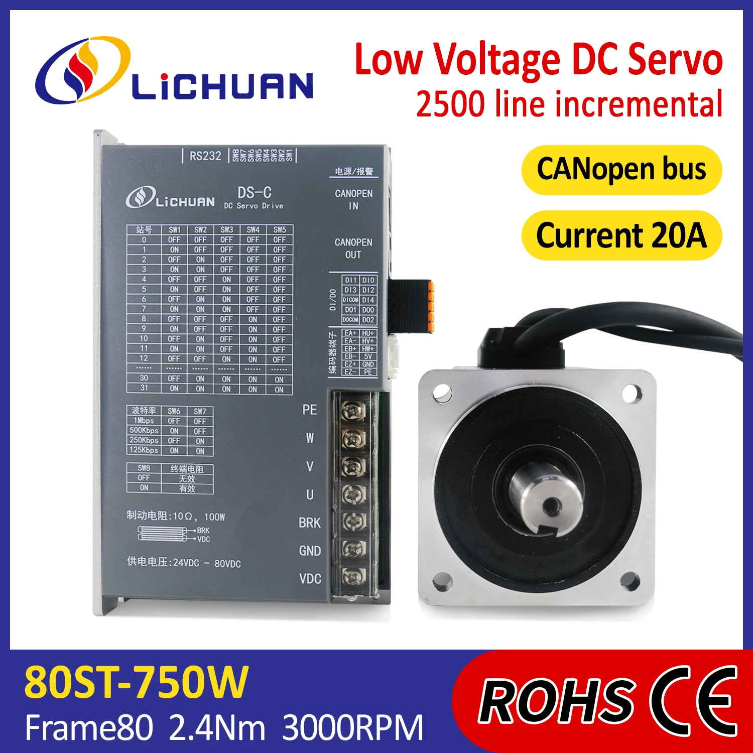 Lichuan DS-C LowVoltage 750W Servo Motor Driver Controller 48V 19A 3000RPM IP65 2.4N.m DC Servo Motor Drivers Kit for New Energy