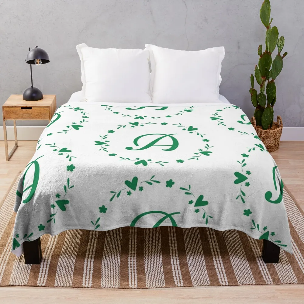 A with Heart Flourish Border in Green Throw Blanket Soft Big Decorative Throw Blankets