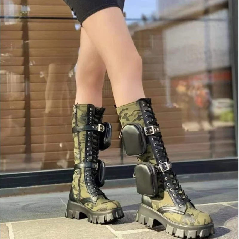 

New Camouflage Boots For Foreign Trade Size 35-43 Women's Thick Soles Long Boots Pockets Fashionable Street Boots Women's