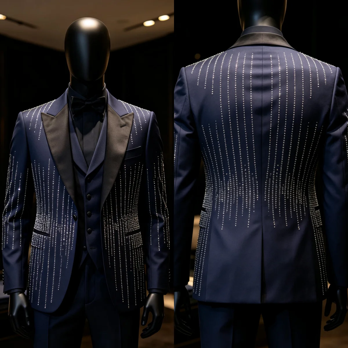 Gorgeous Men Evening Party Suit Heave Rhinestones Peaked Lapel One Button Slim Fit Banquet Wear Customized 3 Piece Prom Set