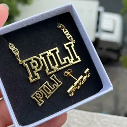DUOYING Custom Name Hollow Necklace Personlized Initial Letter Earring Studs Gold Plated Stainless Steel Jewelry Set